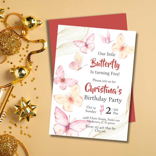 Butterfly themed cute bliss modern 5th birthday   invitation