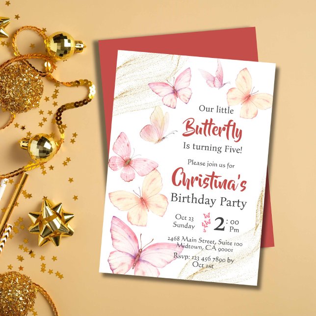 Butterfly themed cute bliss modern 5th birthday   invitation (Front/Back )