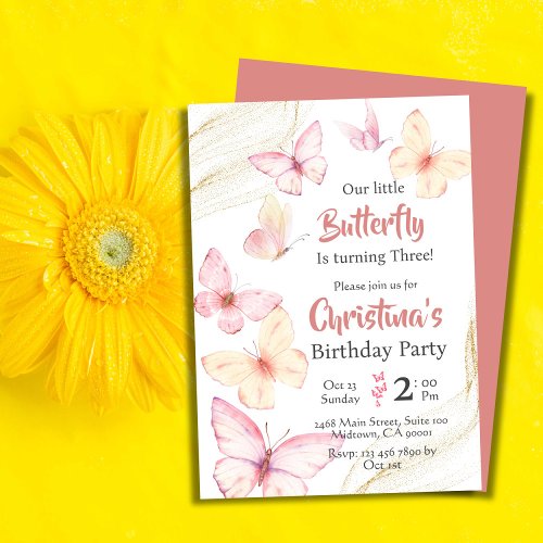 Butterfly themed cute modern bliss 3rd birthday  invitation