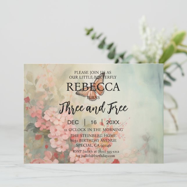 Butterfly Three and Free Birthday Invitations (Standing Front)