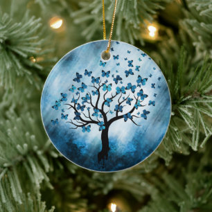 Butterfly Tree - Blue Marble Mist Ceramic Ornament