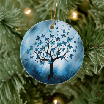 Butterfly Tree - Blue Marble Mist Ceramic Ornament by LoveMalinois at Zazzle