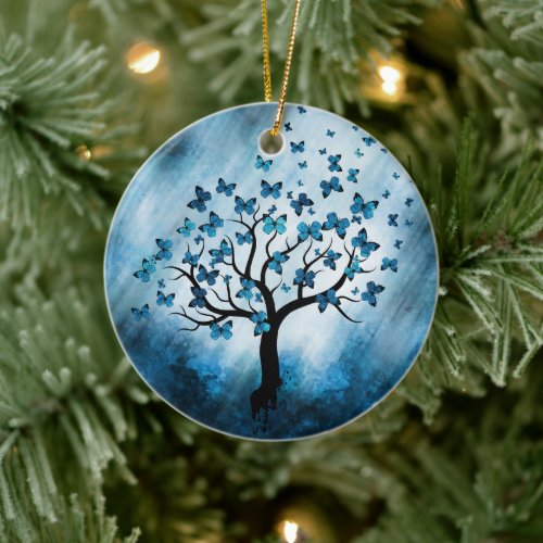 Butterfly Tree _ Blue Marble Mist Ceramic Ornament