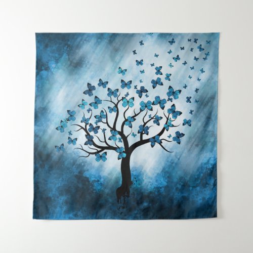 Butterfly Tree _ Blue Marble Mist Tapestry