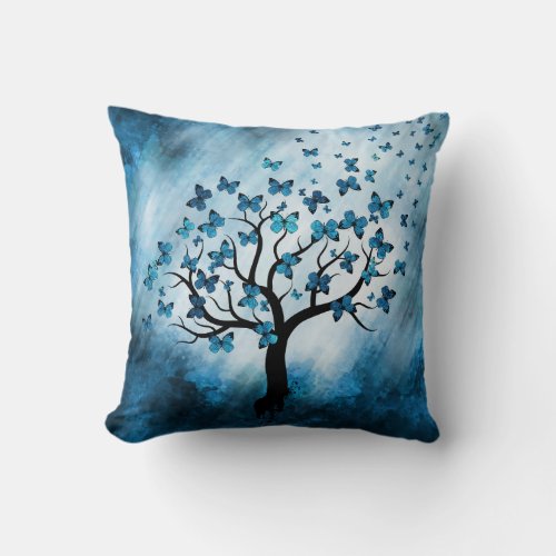 Butterfly Tree _ Blue Marble Mist Throw Pillow