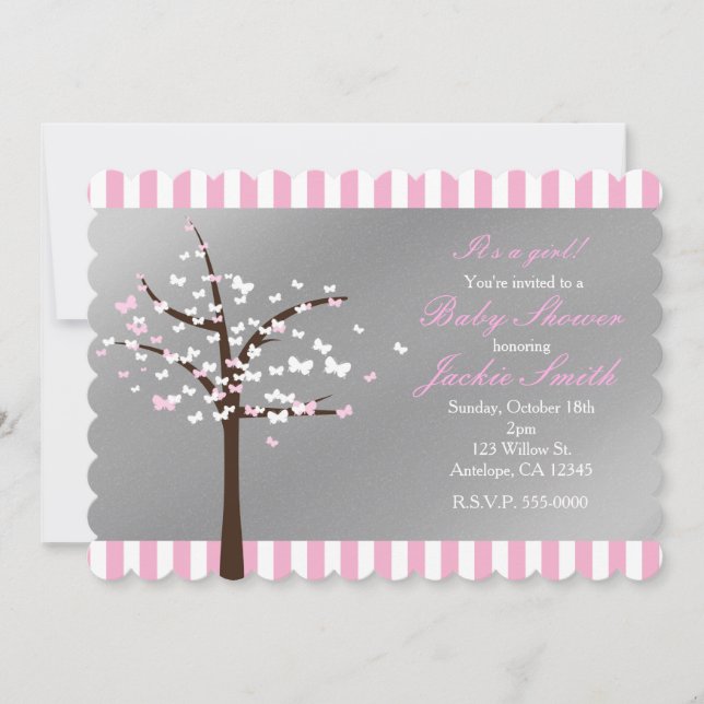 Butterfly Tree Grey & Pink Baby Shower Invitation (Front)