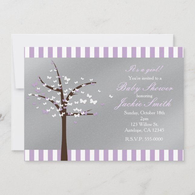 Butterfly Tree Lavender & Grey Shower Invitation (Front)