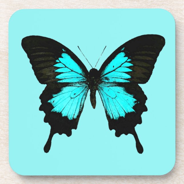 Butterfly - turquoise blue and black beverage coaster (Front)