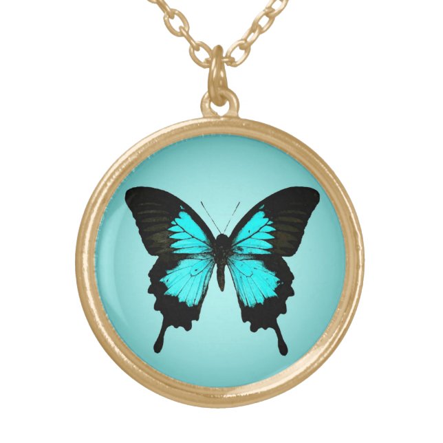 Butterfly - turquoise blue and black gold plated necklace (Front)