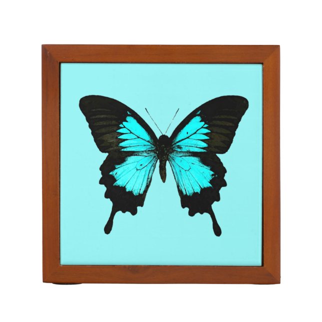 Butterfly - turquoise blue and black pencil holder (Front)