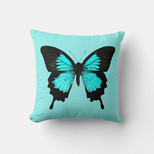 Butterfly - turquoise blue and black throw pillow (Front)