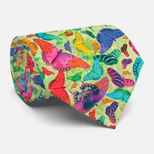 Butterfly Turquoise Orange Pink Yellow Pattern Neck Tie
