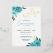 Butterfly Turquoise Roses Quinceanera Real Foil Invitation (Standing Front)