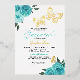 Butterfly Turquoise Roses Quinceanera Real Foil Invitation