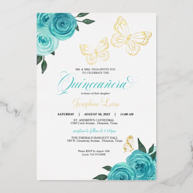 Butterfly Turquoise Roses Quinceanera Real Foil Invitation (Front)