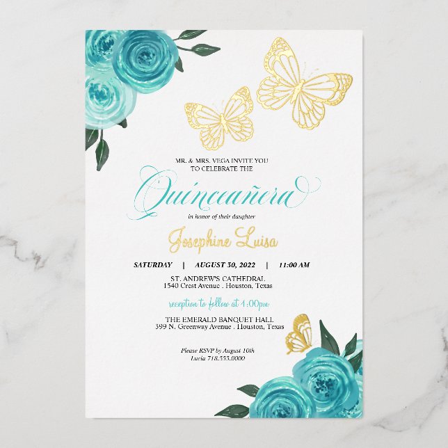 Butterfly Turquoise Roses Quinceanera Real Foil Invitation (Front)