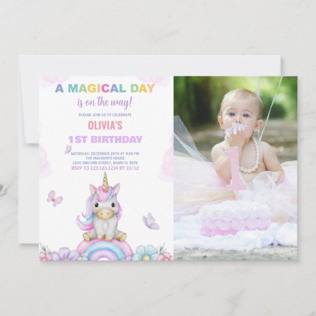 Butterfly Unicorns Birthday Invitations with photo (Front)