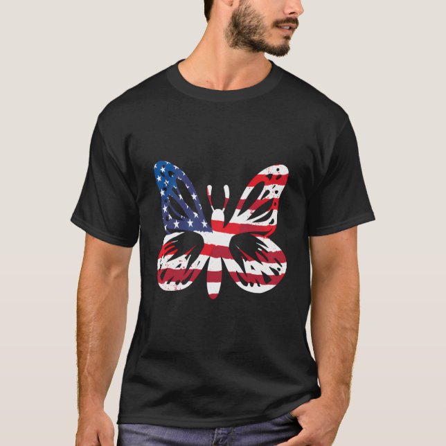 Butterfly Usa American Flag Patriotic Women Girl 4 T-Shirt (Front)