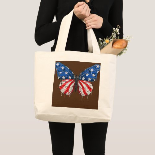 Butterfly USA Flag 4th Of July For Women Girl US Large Tote Bag
