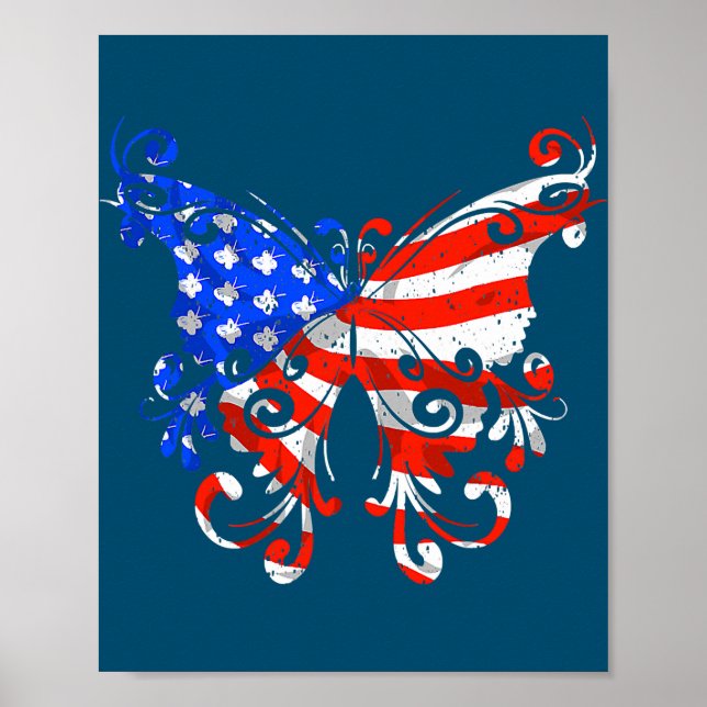 Butterfly USA Flag Cute 4th Of July Funny Gift  Poster (Front)