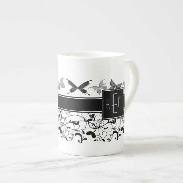 Butterfly Victorian Flourish Black White Bone China Mug (Front Right)