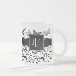 Butterfly Victorian Flourish Black White Frosted Glass Coffee Mug