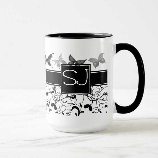 Butterfly Victorian Flourish Black White Mug (Right)