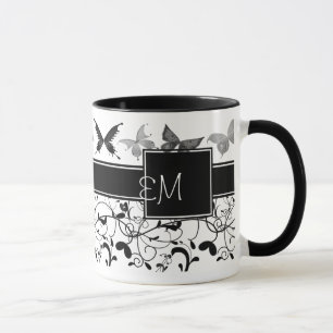 Butterfly Victorian Flourish Black White Mug