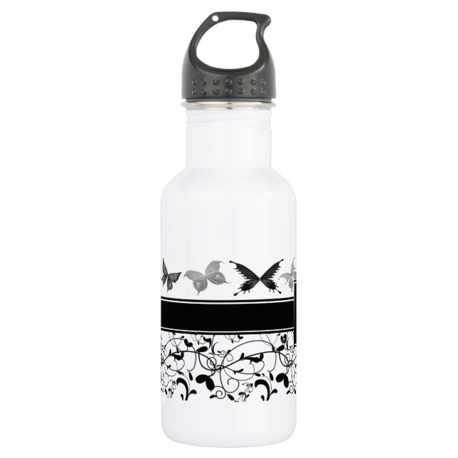 Butterfly Victorian Flourish Black White Stainless Steel Water Bottle (Front)