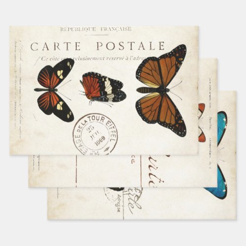 Butterfly Vintage French Carte Postale Decoupage Wrapping Paper Sheets