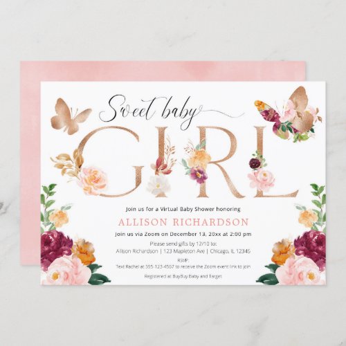 Butterfly Virtual baby shower pink burgundy floral Invitation