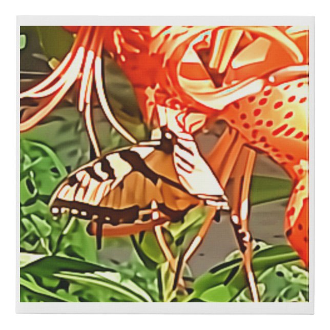 Butterfly Visiting a Tiger Lily Faux Canvas Print (Front)