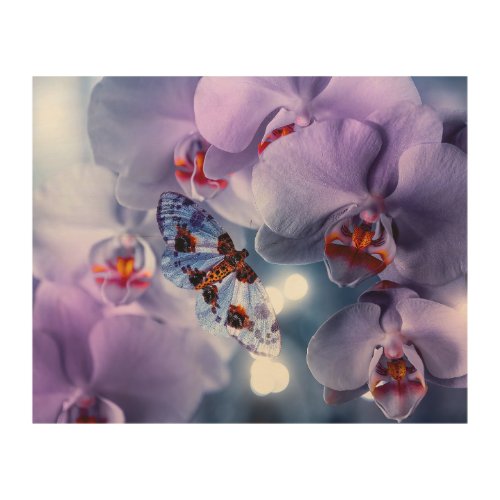 Butterfly Visiting Pink Orchid Flowers  Wood Wall Art