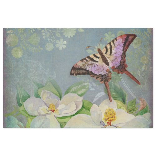 Butterfly w Magnolia Watercolor Floral Decoupage Tissue Paper