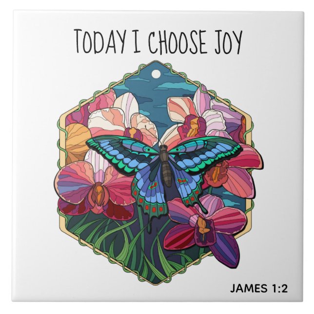 Butterfly, w verse from James 1:2 Ceramic Tile (Front)