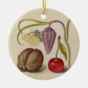 Butterfly Walnut Flower Cherry Watercolor Art Ceramic Ornament