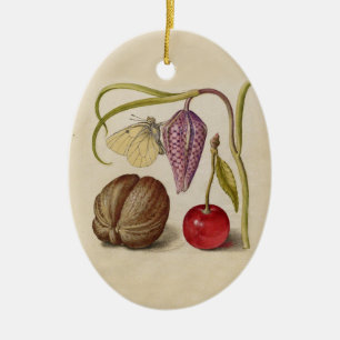 Butterfly Walnut Flower Cherry Watercolor Art Ceramic Ornament