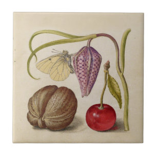 Butterfly Walnut Flower Cherry Watercolor Art Ceramic Tile