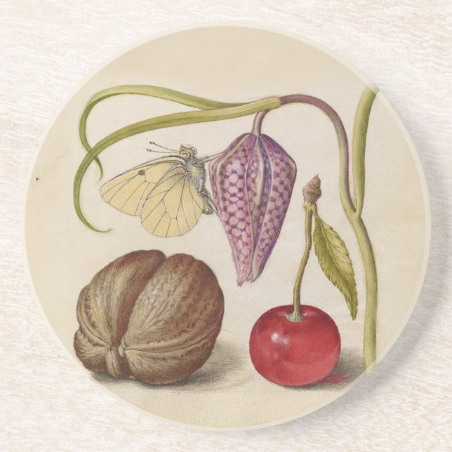 Butterfly Walnut Flower Cherry Watercolor Art Coaster (Front)