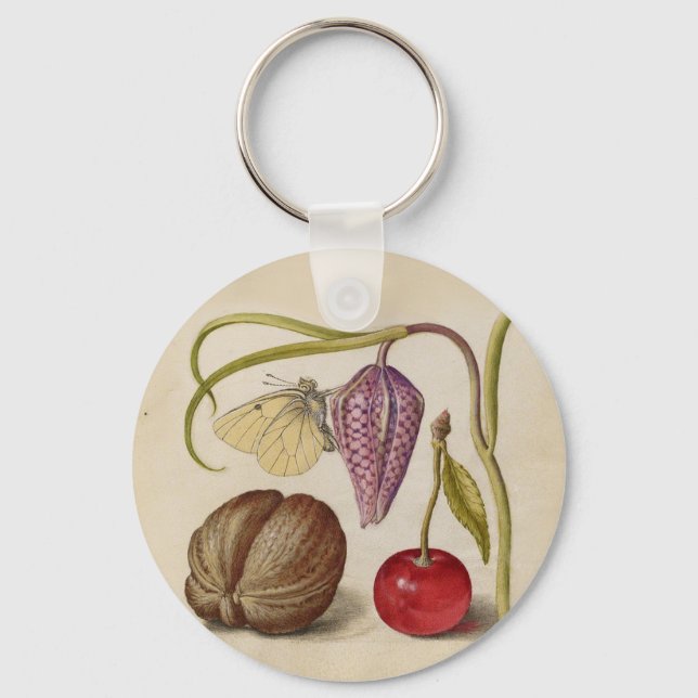 Butterfly Walnut Flower Cherry Watercolor Art Keychain (Front)