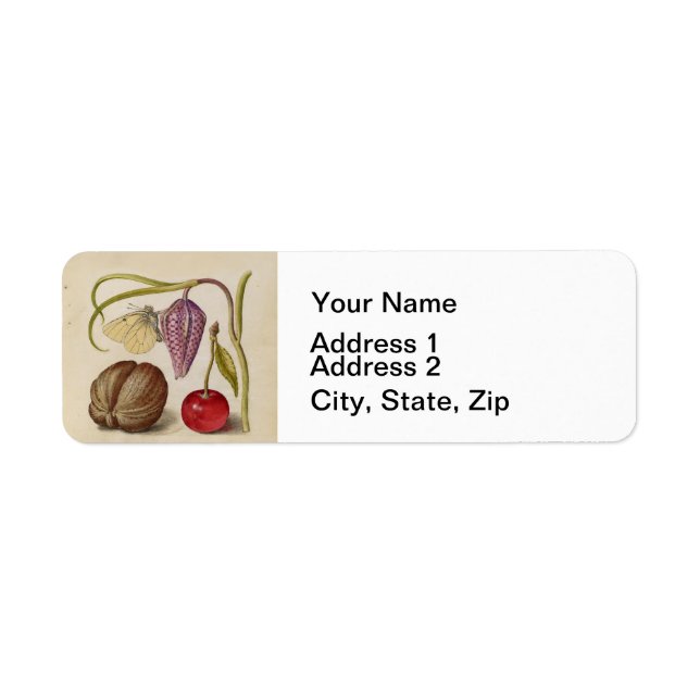 Butterfly Walnut Flower Cherry Watercolor Art Label (Front)