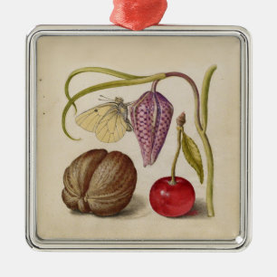 Butterfly Walnut Flower Cherry Watercolor Art Metal Ornament