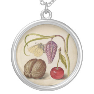 Butterfly Walnut Flower Cherry Watercolor Art Silver Plated Necklace
