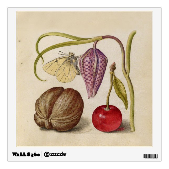 Butterfly Walnut Flower Cherry Watercolor Art Wall Sticker (Front)