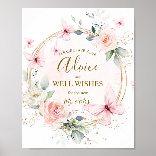  Butterfly Watercolor Advice & Wishes Wedding Post Poster (Front)