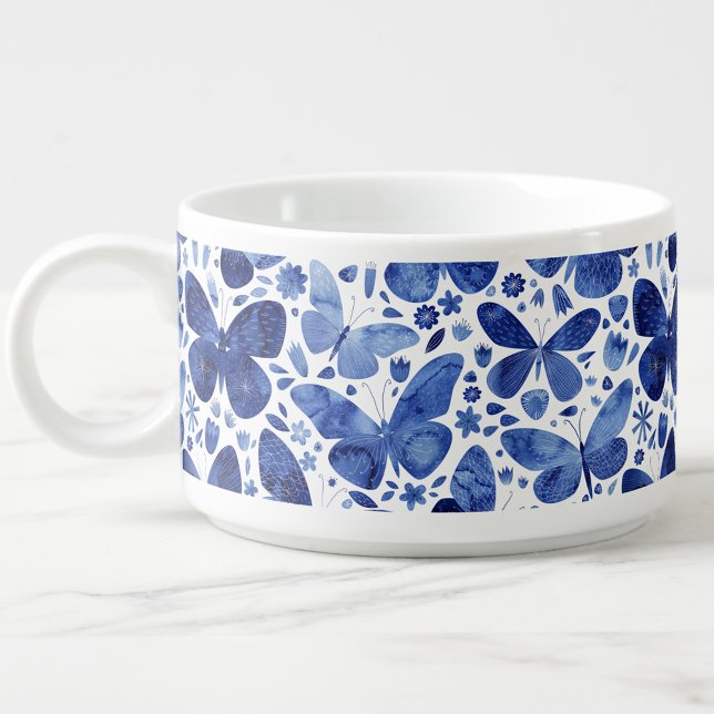 Butterfly Watercolor Blue and White Bowl (Blue and white watercolor butterfly pattern chilli bowl)
