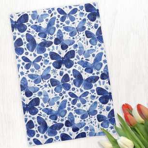 Butterfly Watercolor Blue and White Kitchen Towel