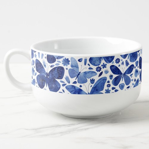 Butterfly Watercolor Blue and White Soup Mug