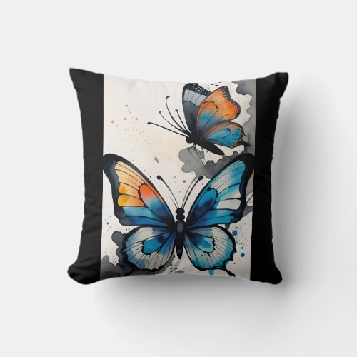 Butterfly Watercolor BlueBlackorangetealcream  Throw Pillow