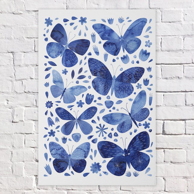Butterfly Watercolor Blue Faux Canvas Print (Indigo navy blue watercolor butterfly art faux canvas print)